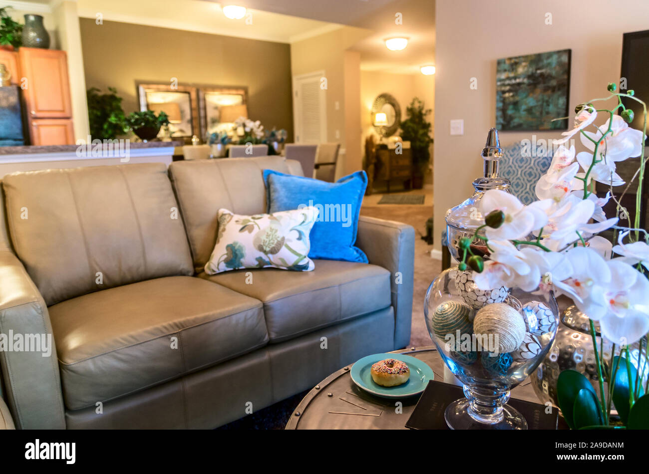 Das Wohnzimmer ist im Cypress Cove Apartment Wohnungen in Mobile, Alabama. Der Apartmentkomplex ist im Besitz von Sealy Management betrieben. Stockfoto