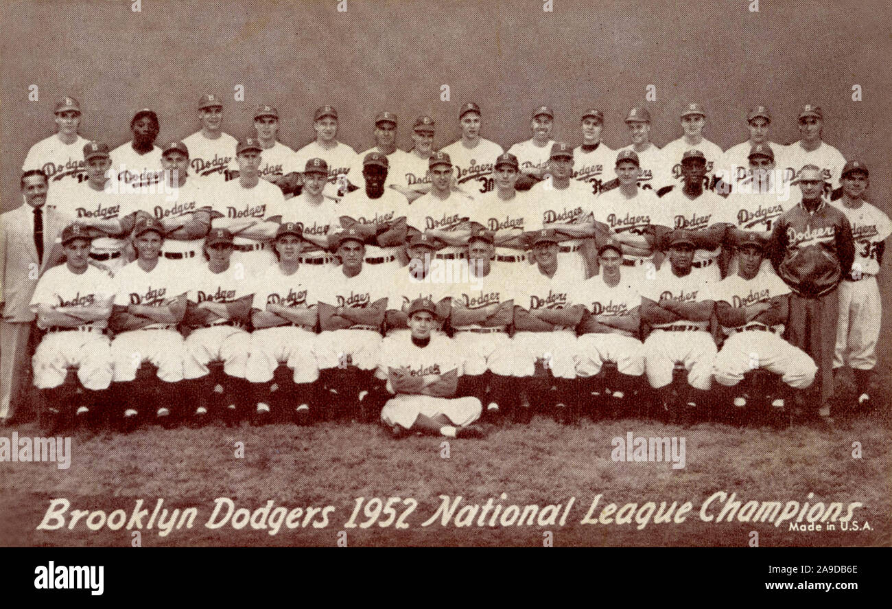 Collectible Card ausstellen, die die Brooklyn Schwindler 1952 Team Foto, der Mannschaft, wurde Meister der nationalen Liga, aber in der Welt der Serie verloren die New York Yankees. Stockfoto