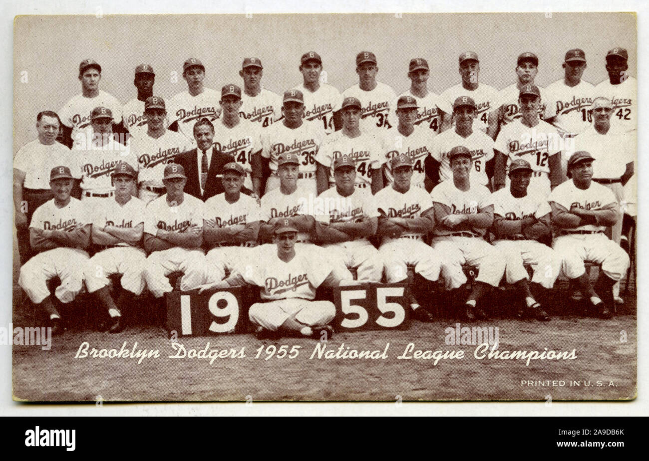 Sammlerausstellenkarte mit dem Teamfoto der Brooklyn Dodgers 1955 des Teams, das die World Series 1955 gewann Stockfoto
