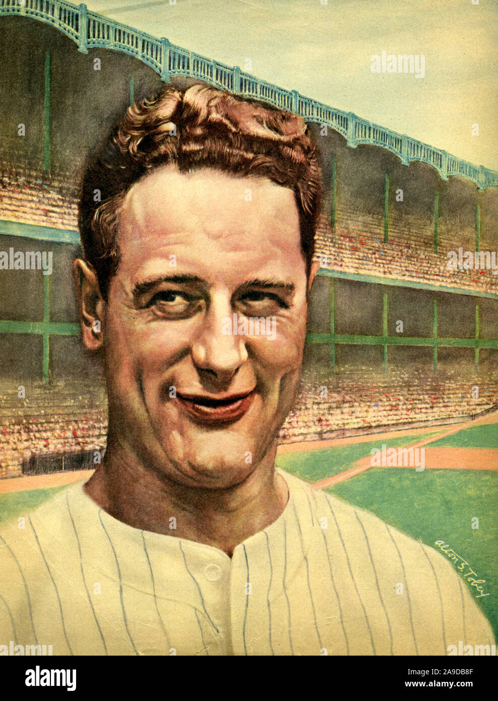 Vintage Abbildung: New York Yankee Legende Lou Gehrig nach Künstler Alton S. Tobey aus einer Seite in einem Sport Magazin. Stockfoto