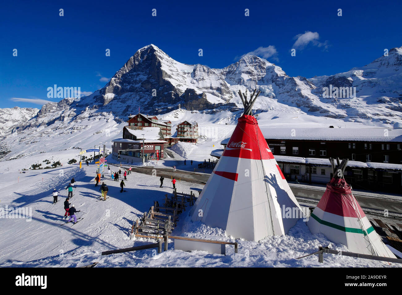 Blick von der Kleinen Scheidegg Eiger, Mönch und Jungfrau im Winter, in der Nähe von Grindelwald, Berner Alpen, Berner Oberland, Schweiz Stockfoto