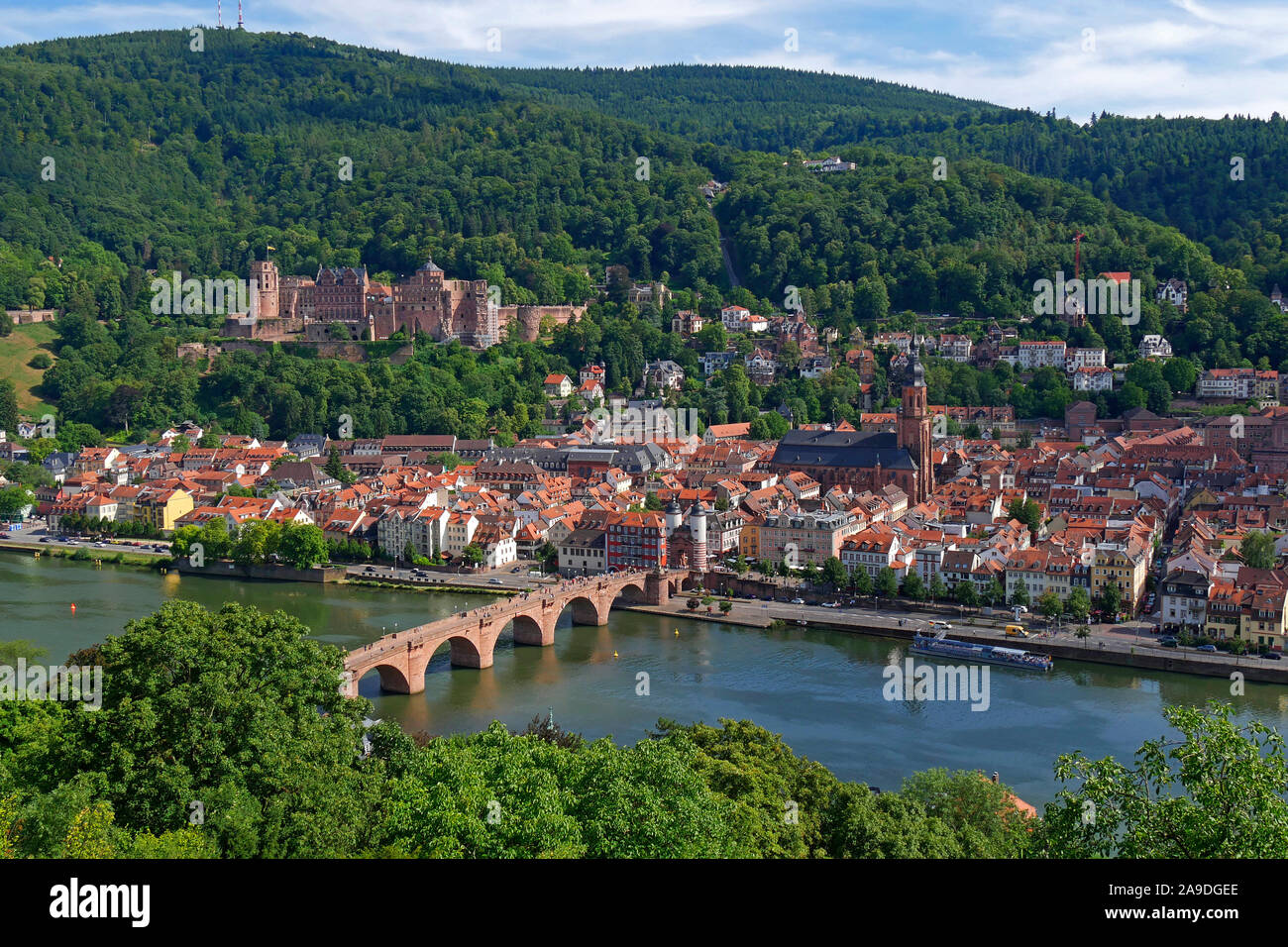 Blick auf die Alte Brücke mit Schloss und Neckar, Heidelberg, Baden-Württemberg, Deutschland Stockfoto