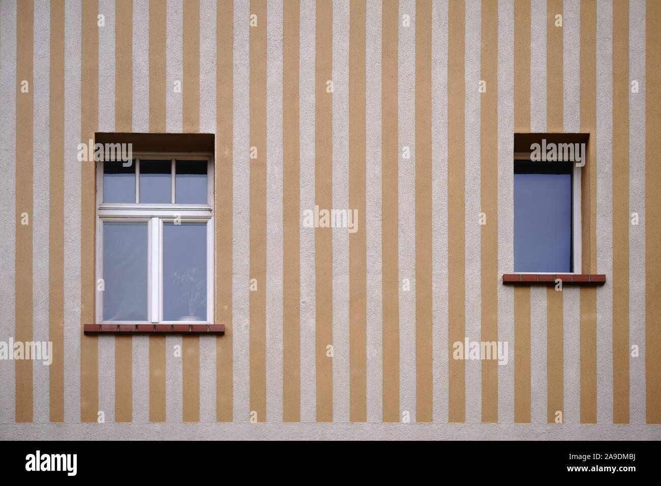 Eine Hauswand mit Gelb und beige Wandmalerei mit zwei Fenstern gestreift. Stockfoto