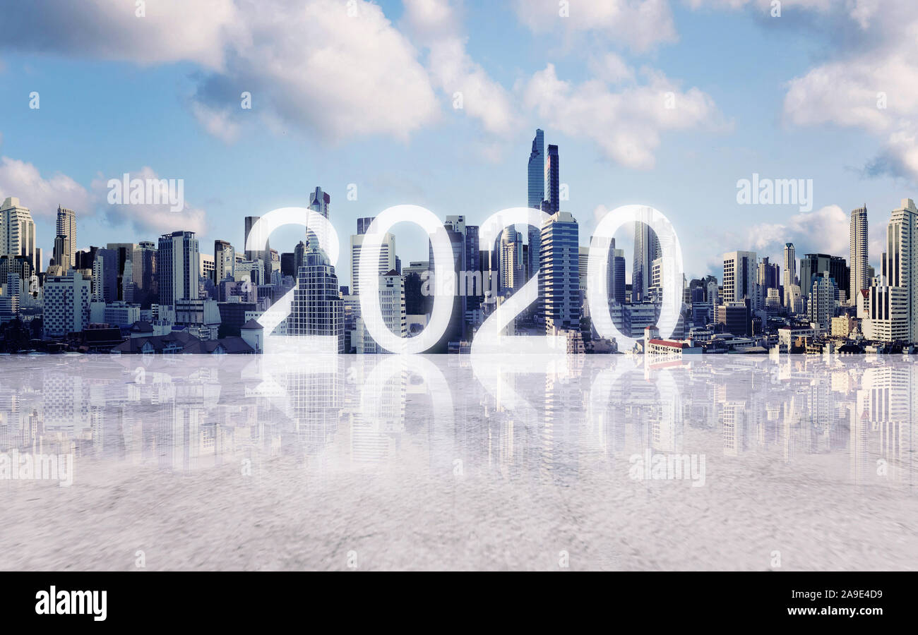 Das neue Jahr 2020 in der Stadt. Panoramablick auf die Stadt Bangkok mit Betonboden Stockfoto