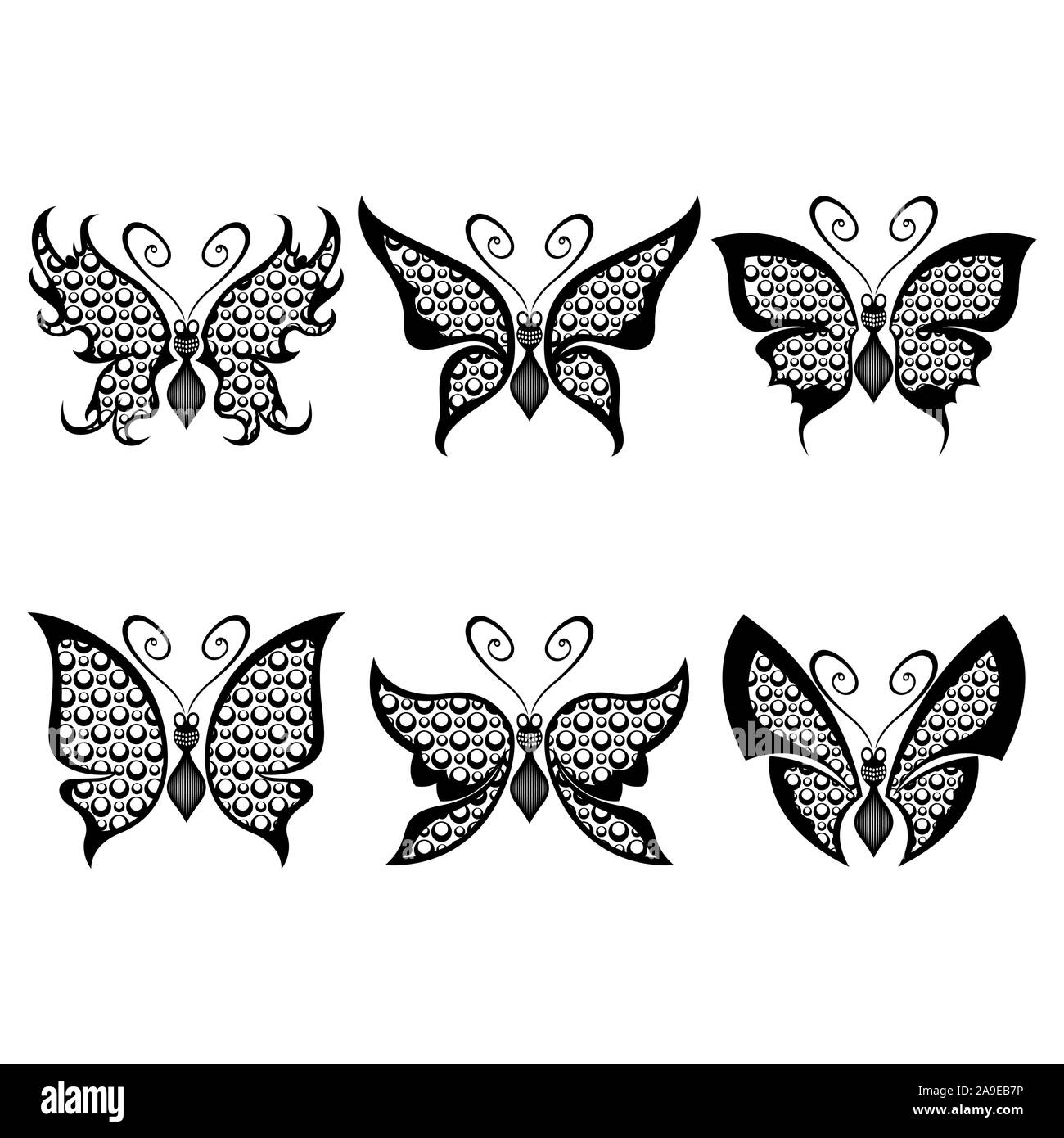 Satz von sechs Schablonen der wunderschöne Schmetterlinge mit Kreis Elemente auf einem weißen Hintergrund, von Hand zeichnen Abbildung Stock Vektor
