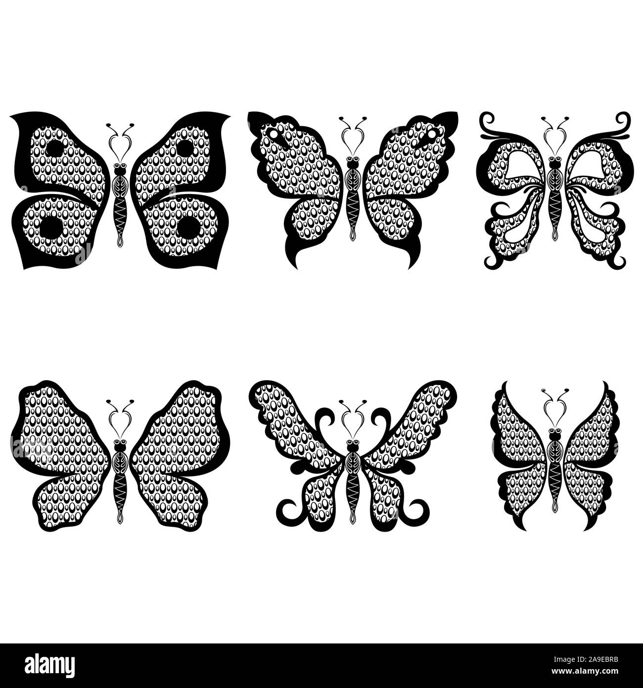 Satz von sechs Schablonen der schöne schwarze Schmetterlinge mit Kreis Elemente auf einem weißen Hintergrund, von Hand zeichnen Abbildung Stock Vektor