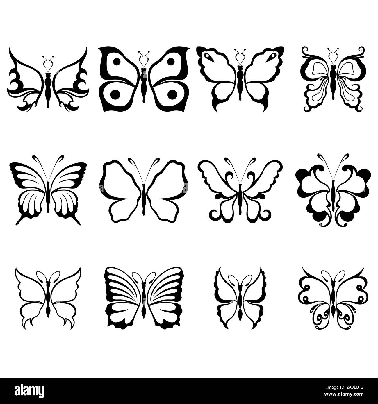 Set von 12 Schablonen der wunderschöne Schmetterlinge auf einem weißen Hintergrund, von Hand zeichnen Abbildung Stock Vektor