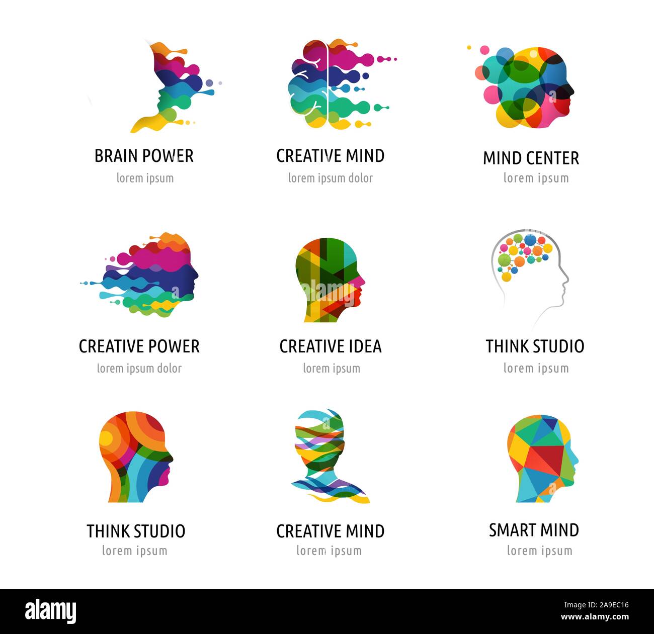 Gehirn, kreativer Geist, Lernen und Design Icons, Logos. Man Kopf, Menschen Symbole Stock Vektor