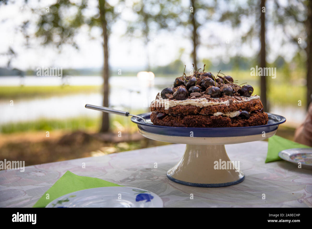 Torte mit Kirschen auf Tisch am See Stockfoto