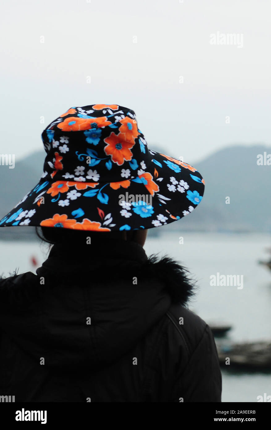 Frau mit Hut mit Blick auf einen See, von hinten Stockfoto