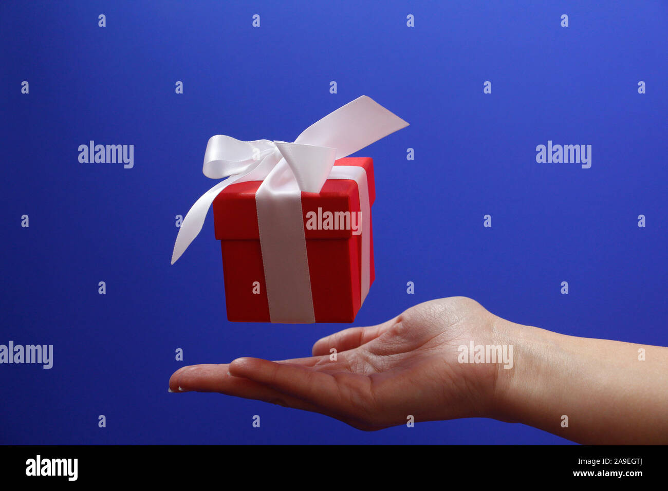 Roter Geschenkbox mit einem weißen Bogen auf blauem Hintergrund. Die Box wird mit einem Deckel verschlossen. Geschenk fliegt in die Luft. Unter dem Geschenk ist eine weibliche Hand. Konzept. Giv Stockfoto