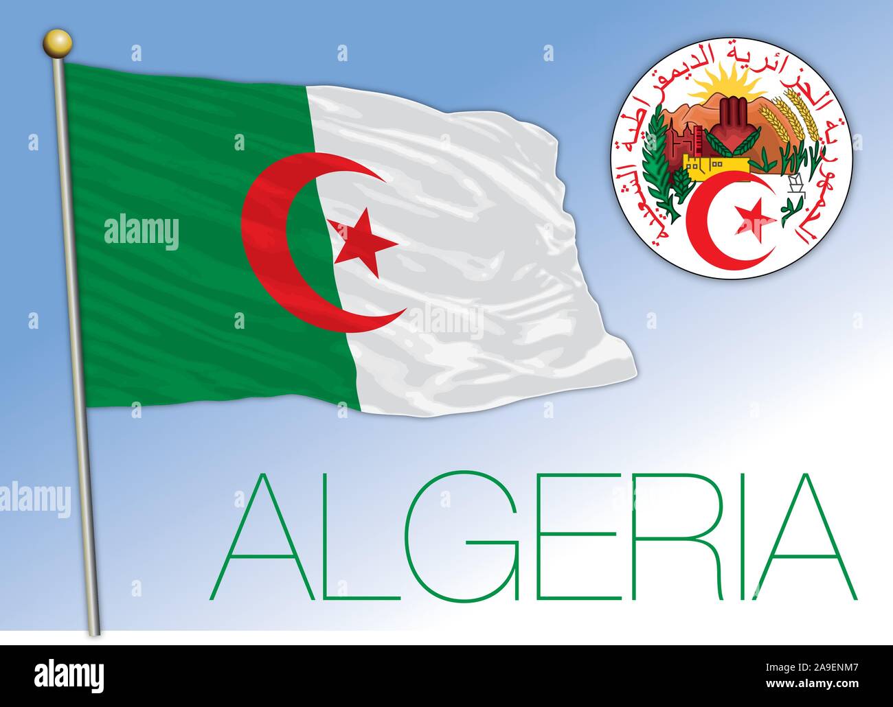 Algerien offizielle Flagge mit Wappen, Afrika, Vektor, Abbildung Stock Vektor