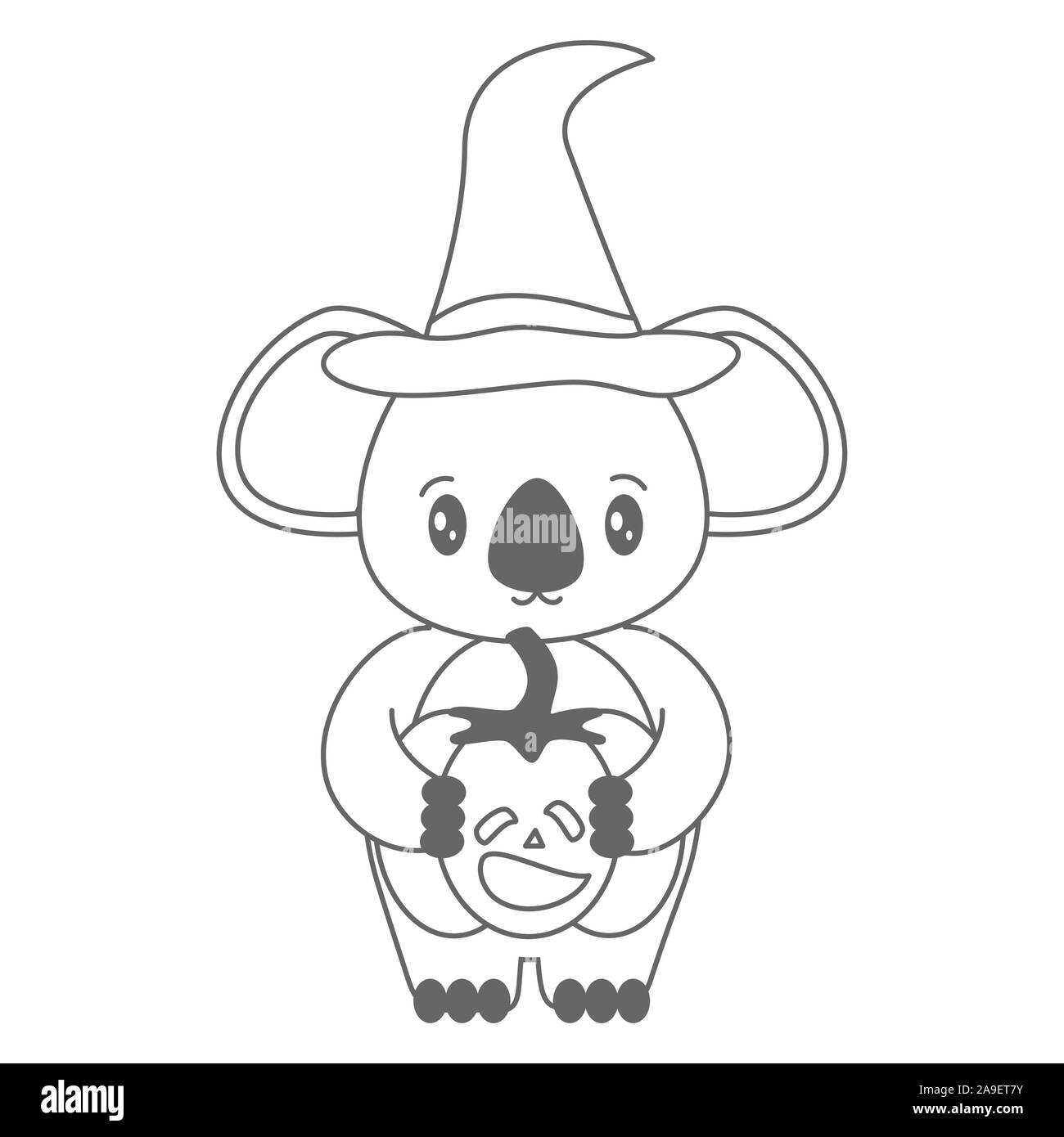 Cute cartoon Schwarz und Weiß koala mit Kürbis Halloween Vector Illustration für die Einfärbung von Kunst Stock Vektor