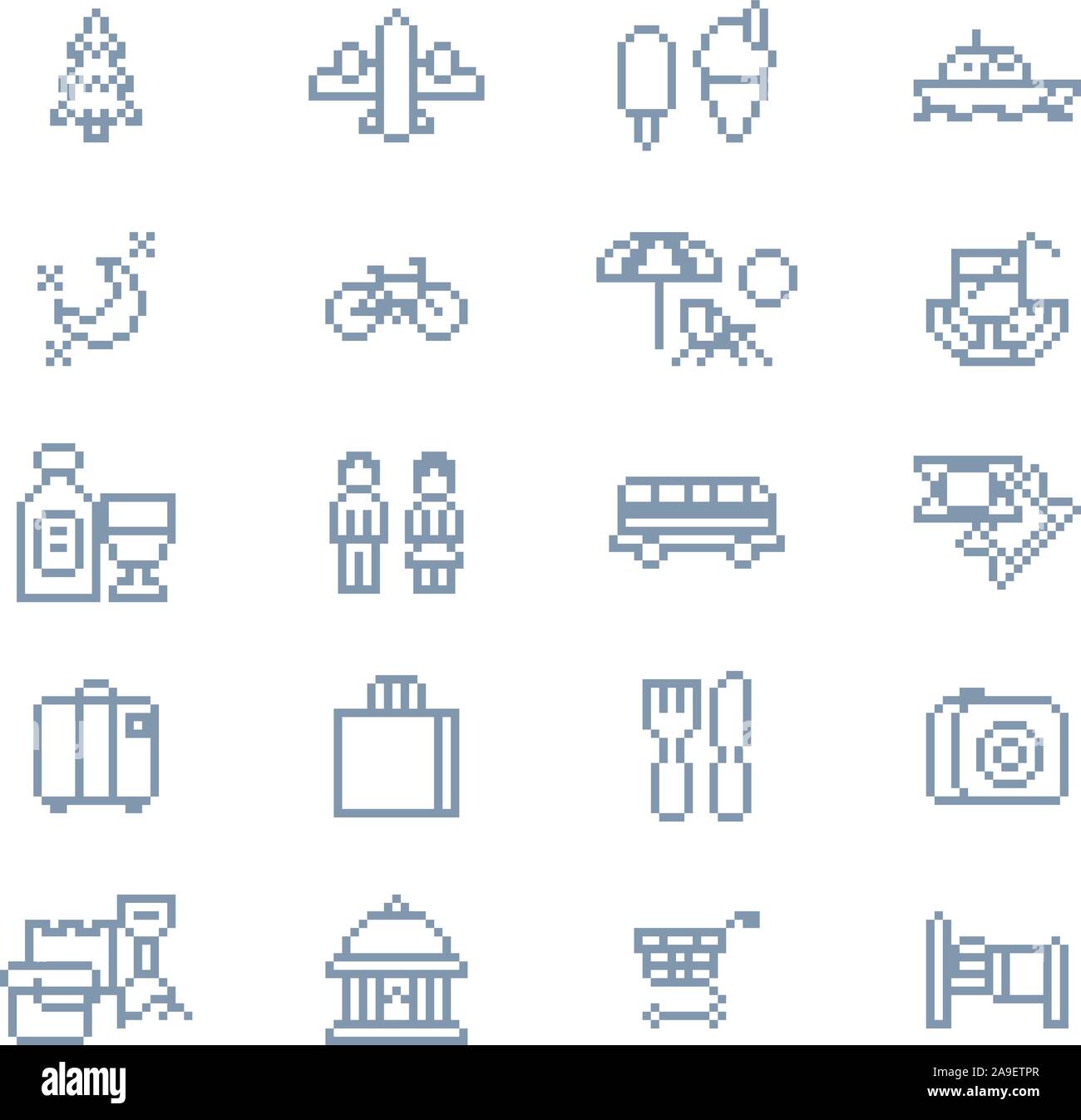 Pixel-art touristische Symbole 8-Bit Spiel Pixel-art Stock Vektor