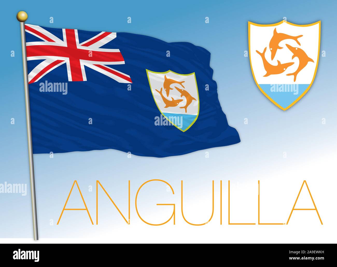 Anguilla, britisches Überseegebiet Flagge und Wappen, Vector Illustration Stock Vektor