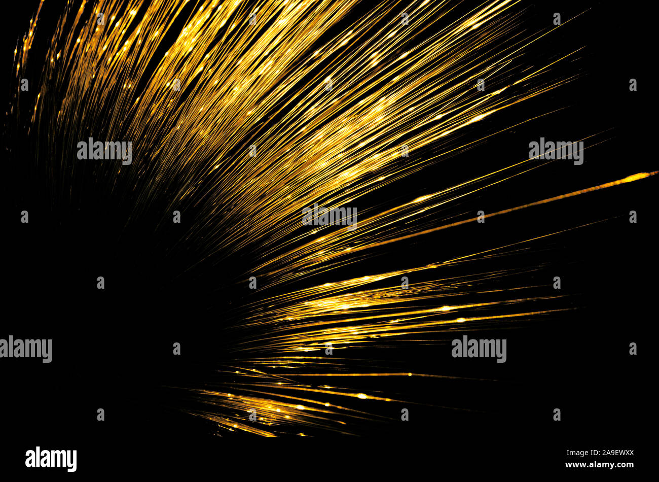 Vergoldete beleuchtete led-Stränge strahlen in verschiedene Richtungen auf schwarzem Hintergrund Stockfoto