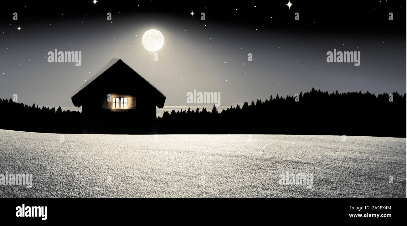 Hütte im winter nacht Stockfoto