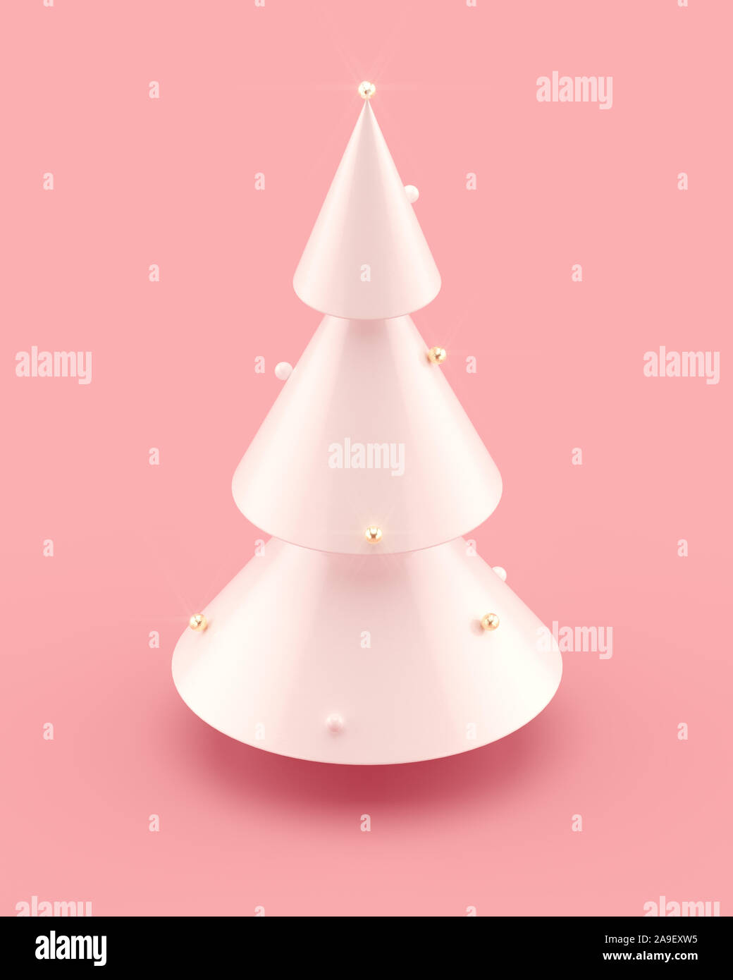 White Christmas Tree 3D-Abbildung auf rosa Hintergrund eingerichtet. 3D-Rendering. Stockfoto
