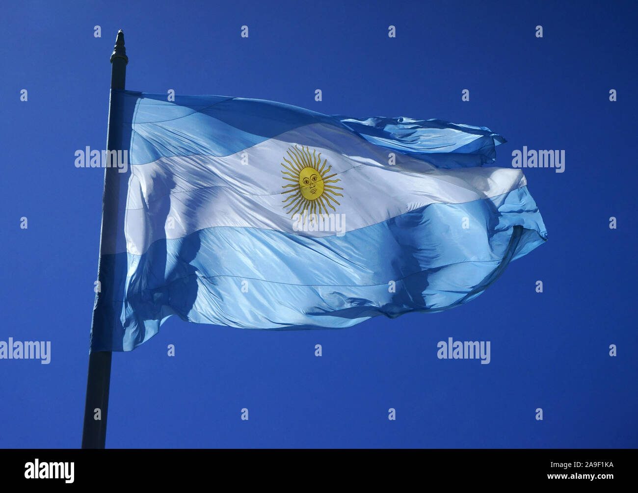 Flagge von Argentinien in den Wind, der Plaza de Mayo in Buenos Aires, Argentinien Stockfoto