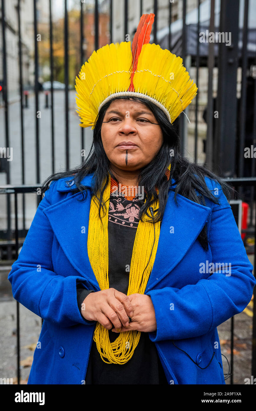 London, Großbritannien. 15 Nov, 2019. Die von Greenpeace, 4 indigenen Führern aus ganz Brasilien Hand in Ihrer eigenen Schreiben und 200.000 - starke Petition an der Downing Street unterstützt, in dem die britische Regierung den Handelsgesprächen mit Brasilien auszusetzen, bis der Amazonas und seine Menschen geschützt sind Credit: Guy Bell/Alamy leben Nachrichten Stockfoto