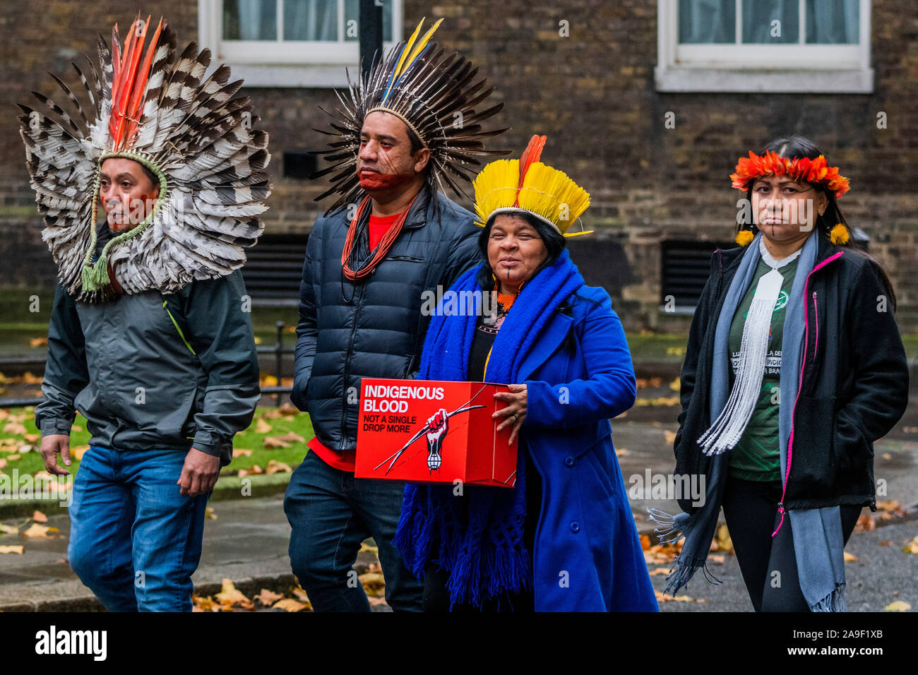 London, Großbritannien. 15 Nov, 2019. Die von Greenpeace, 4 indigenen Führern aus ganz Brasilien Hand in Ihrer eigenen Schreiben und 200.000 - starke Petition an der Downing Street unterstützt, in dem die britische Regierung den Handelsgesprächen mit Brasilien auszusetzen, bis der Amazonas und seine Menschen geschützt sind Credit: Guy Bell/Alamy leben Nachrichten Stockfoto