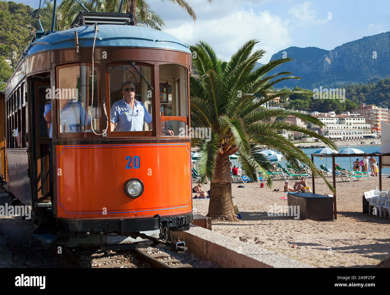 Nostalgische Straßenbahn in Port de Soller, Soller, Mallorca, Balearen, Spanien Stockfoto