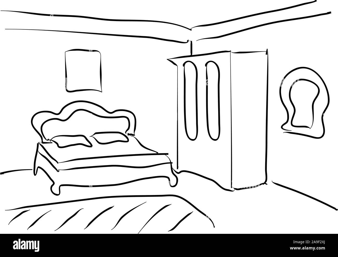 Schlafzimmer. Inneneinrichtung. Abbildung: Sofa. Vintage Hintergrund. Komfortable Innen- Konzept, Leitungen Stock Vektor