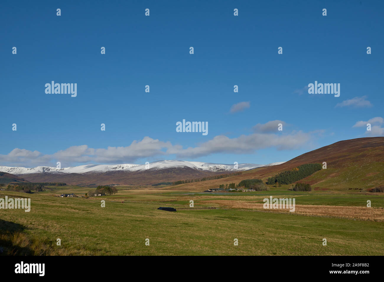 Die untere Glen Clova Tal im Angus Glens, Teil des Cairngorm National Park, mit dem Schnee bestäubt Hügel im Hintergrund. Stockfoto