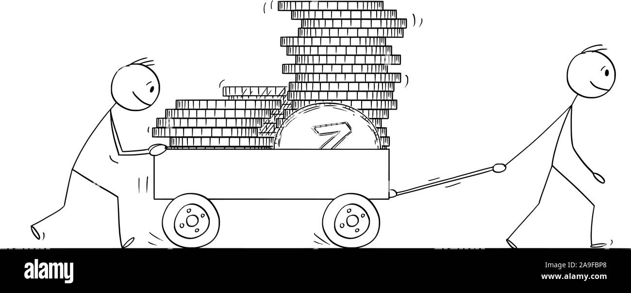 Vektor cartoon Strichmännchen Zeichnung konzeptuelle Abbildung von zwei Männern oder Geschäftsleute drücken Warenkorb oder Handwagen oder schubkarre durch Münzen geladen. Stock Vektor