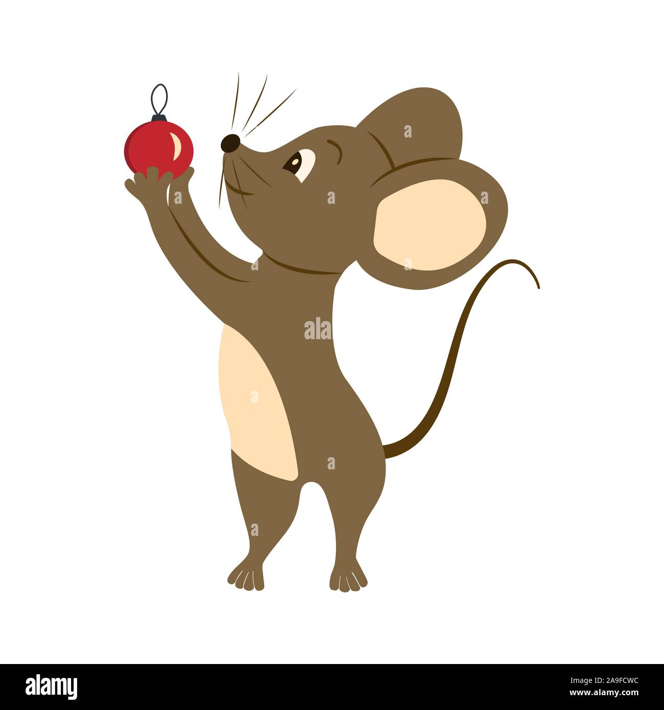 Maus hält eine Glaskugel, Silvester auf einem weißen Hintergrund. Frohe Weihnachten Cartoon Illustration Stock Vektor
