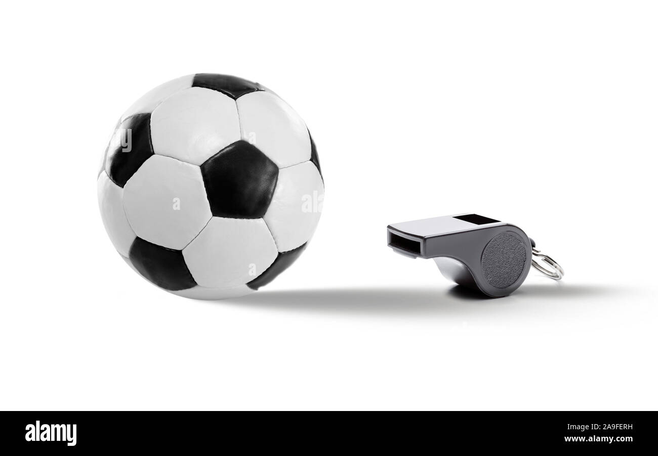 Schwarz Weiß Fußball in Leder und Pfeifen Stockfoto