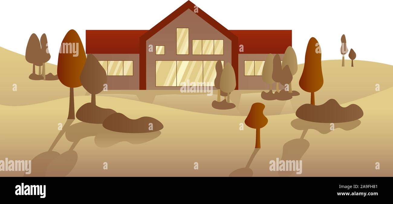 Haus zur Miete oder zum Verkauf stehenden im Herbst Landschaft mit Bäumen. Immobilien zum Verkauf Design Konzept. Outdoor, Vorort home. Vector Illustration Stock Vektor