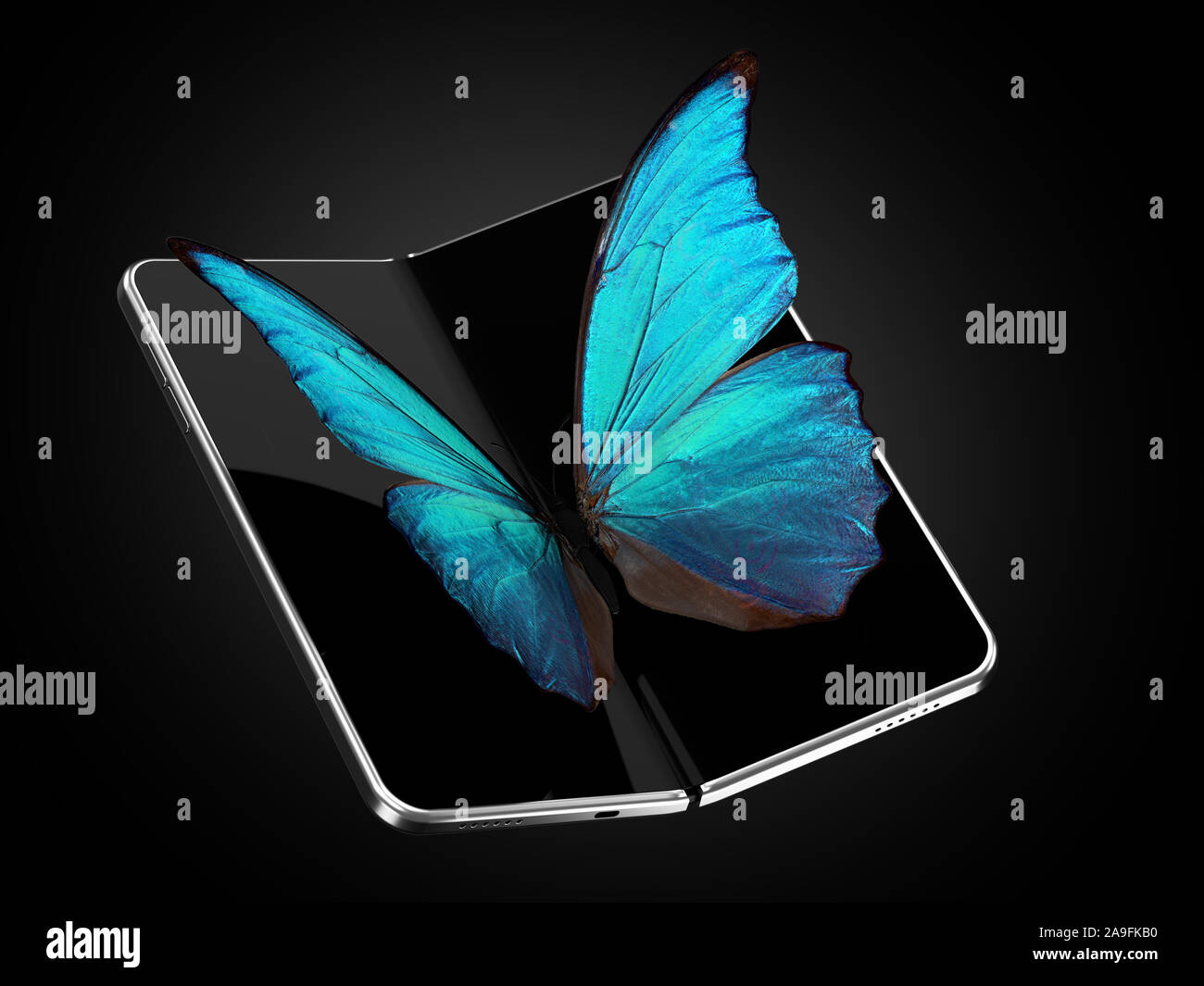 Konzept der faltbare smartphone Falten auf der längeren Seite mit Schmetterling sitzt auf dem Bildschirm. Flexible Smartphone auf schwarzem Hintergrund isoliert. 3D-r Stockfoto