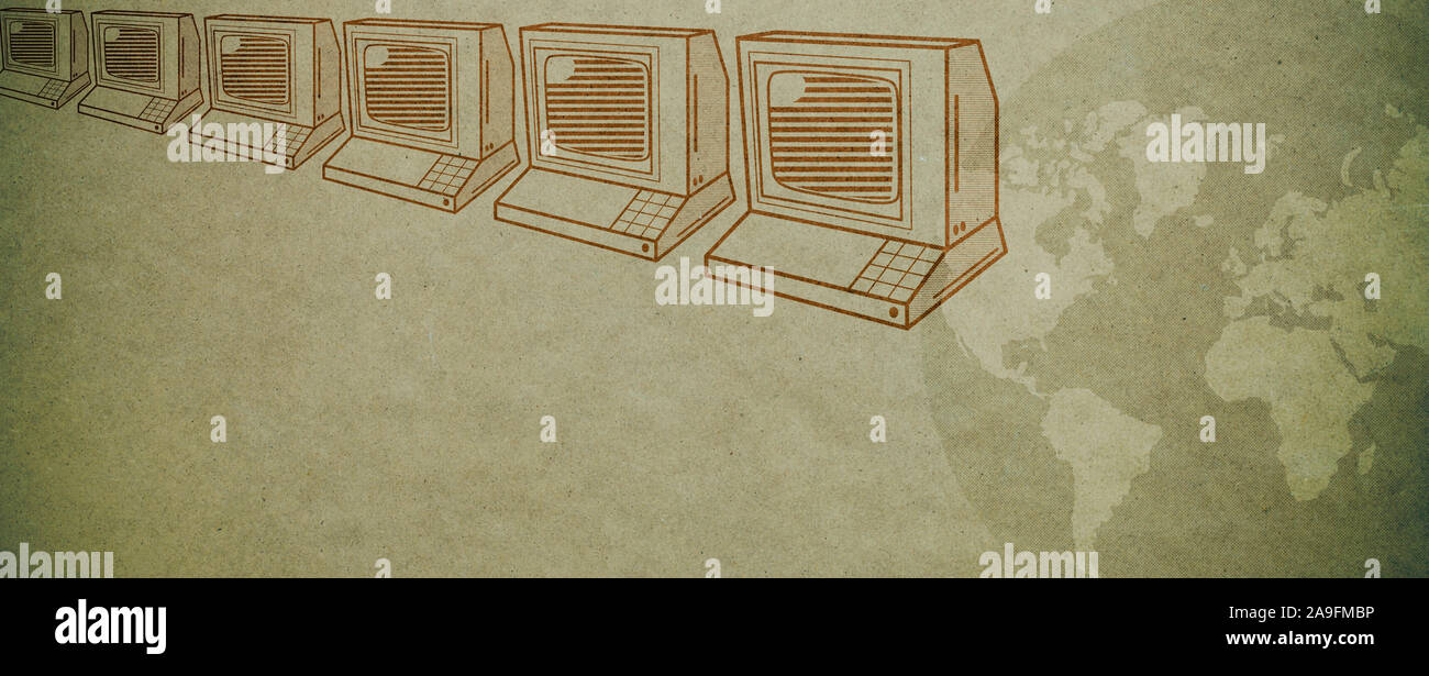Vintage Computer und Globus: vintage Technologie und Telekommunikation Hintergrund Stockfoto