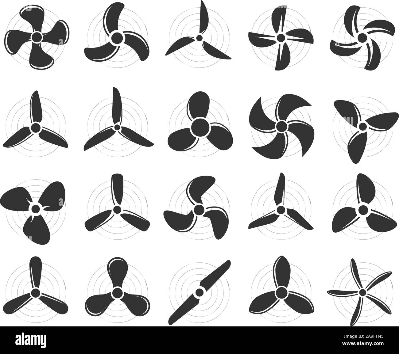 Flugzeug Propeller Set-Gebläse-, Rotor Mover, Flugzeug propeller Symbole, Wind drehende Lüfter prop, Flugzeug Luftschraube Stock Vektor