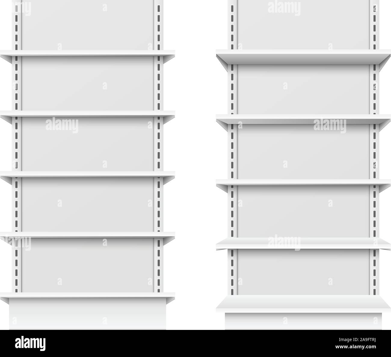 Leere Regale, leer Verkaufsregal Design, Supermarkt showcase Mockup auf Hintergrund isoliert Stock Vektor