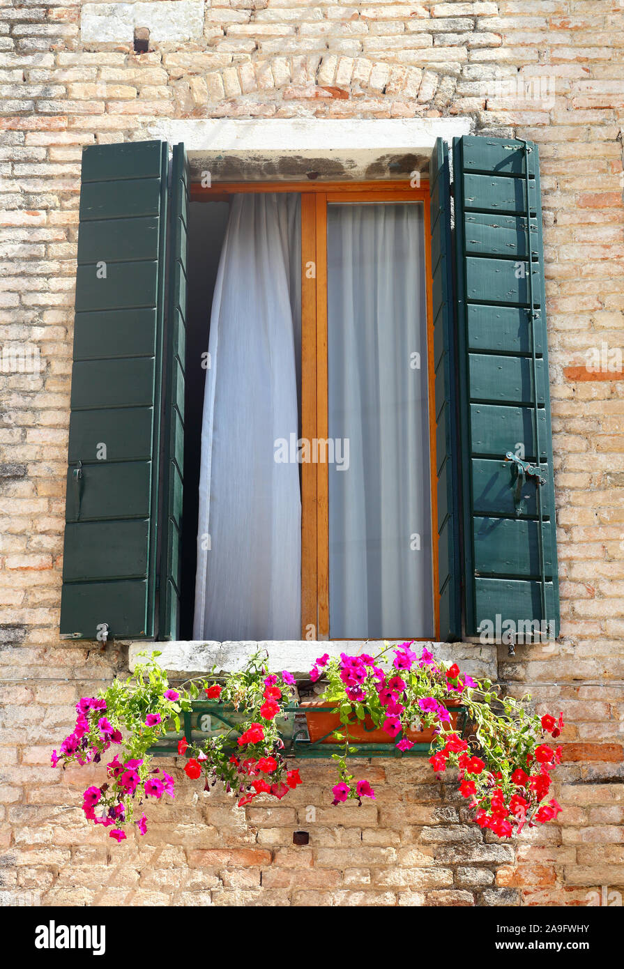 Venedig Fenster mit Fenster Pflanzmaschine voller Blumen Stockfoto