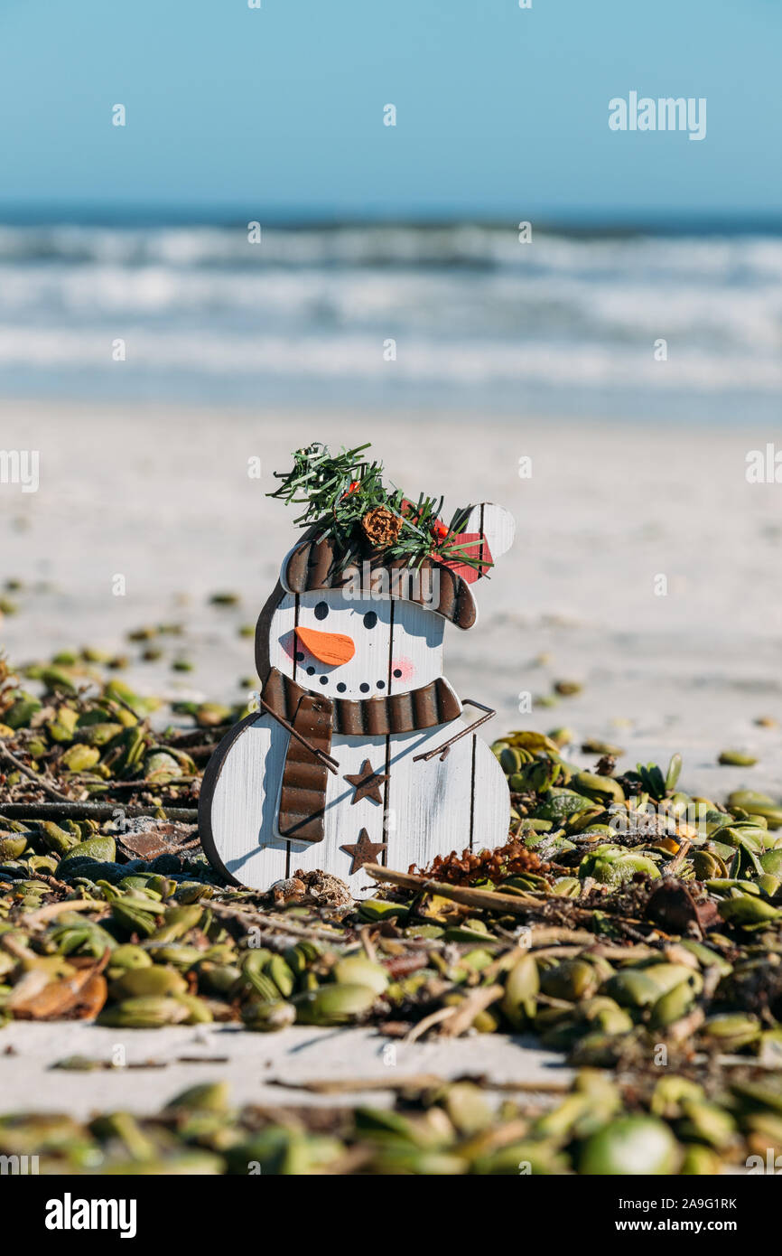 Weihnachten in Florida. Frosty der Schneemann Handwerk von Samenkapseln auf New Smyrna Beach, Florida umgeben. Stockfoto