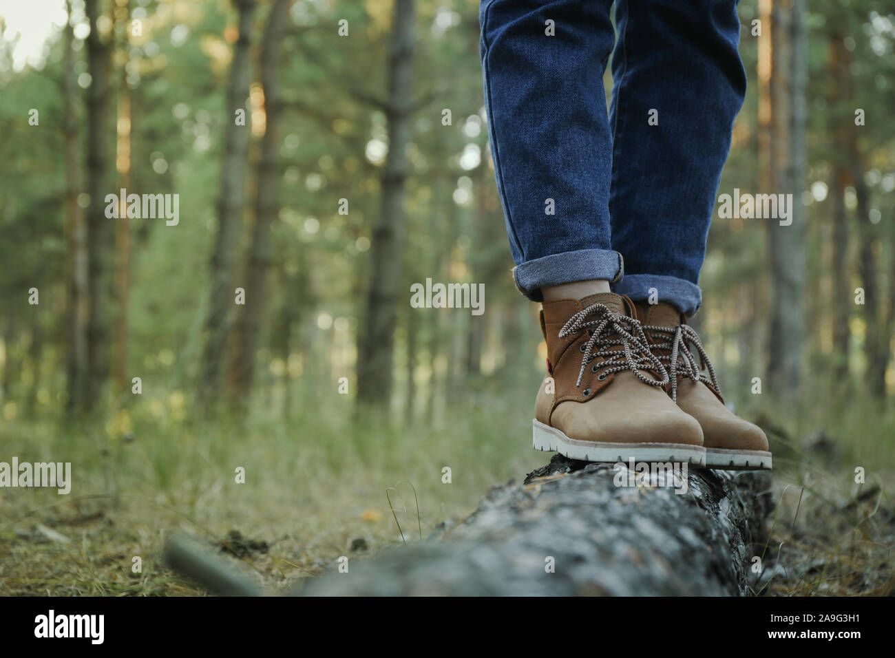 Person in Stiefel und Jeans auf Stamm, Platz für Text Stockfoto
