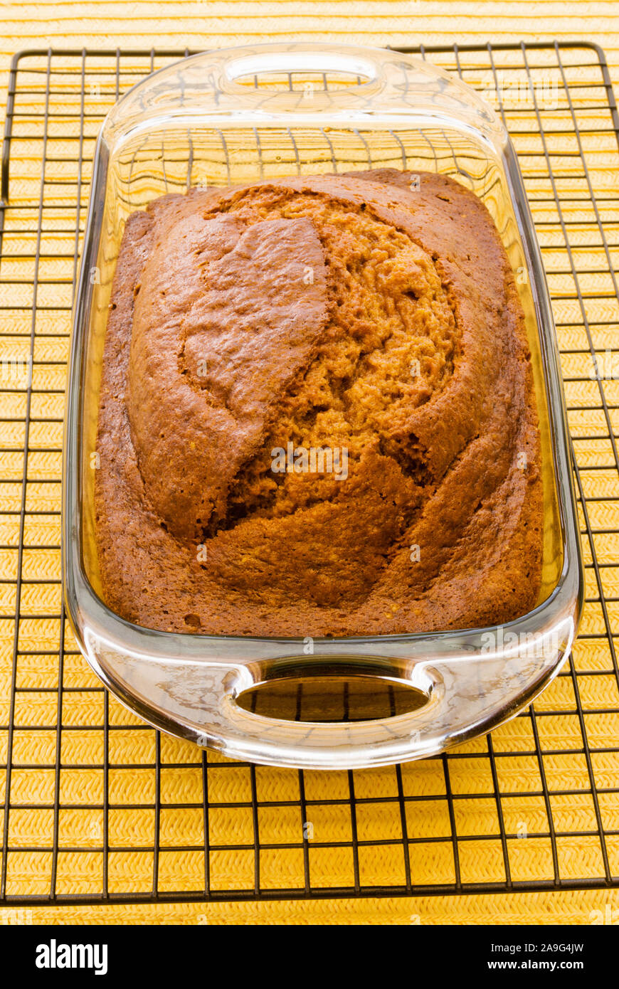 Laib hausgemachte Kürbis Brot, das heiß aus dem Ofen ist. Diese süßen Brot wird in transparente Auflaufform. Stockfoto