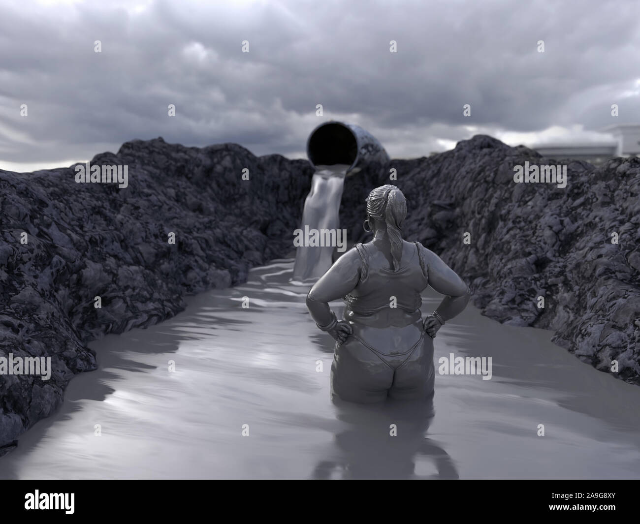 Die Menschen baden in das giftige Wasser Stockfoto