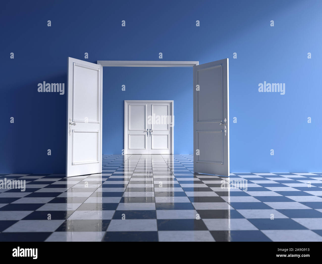 Leere blaue Innenraum mit offene Doppeltür und Schach Boden Stockfoto