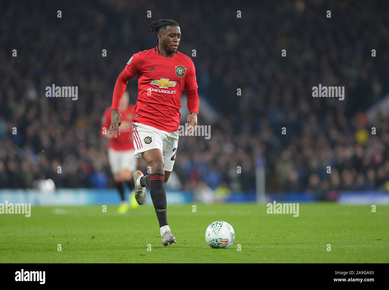 Aaron Wan-Bissaka von Manchester Utd im Chelsea vs Manchester United EFL Carabao Cup Runde 16 Riegel an der Stamford Bridge - nur die redaktionelle Nutzung, li Stockfoto