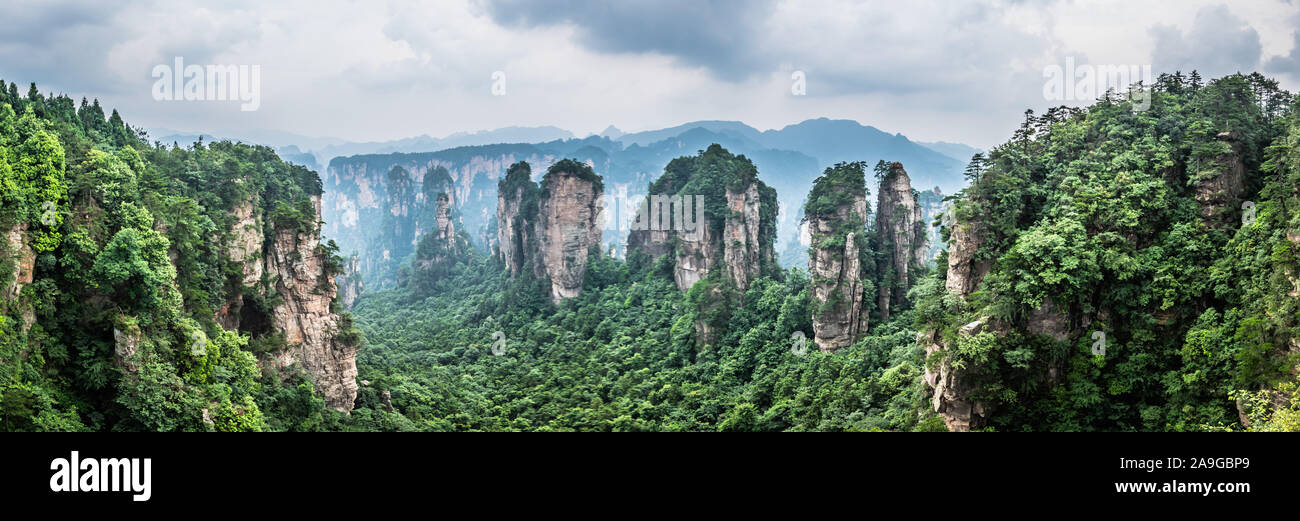 Panoramablick auf die malerische Aussicht auf Zhangjiajie Berge im Landschaftspark Wulingyuan gelegen. In der Provinz Hunan in China Stockfoto