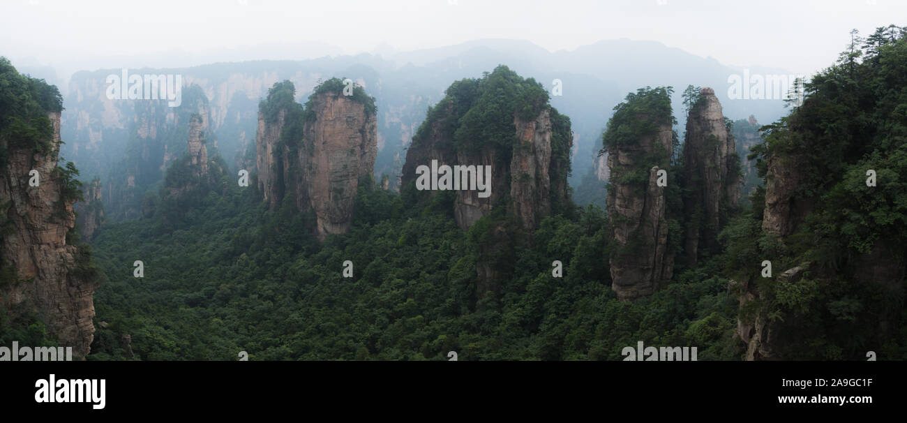 Panoramablick auf die malerische Aussicht auf Zhangjiajie Berge im Landschaftspark Wulingyuan gelegen. In der Provinz Hunan in China Stockfoto