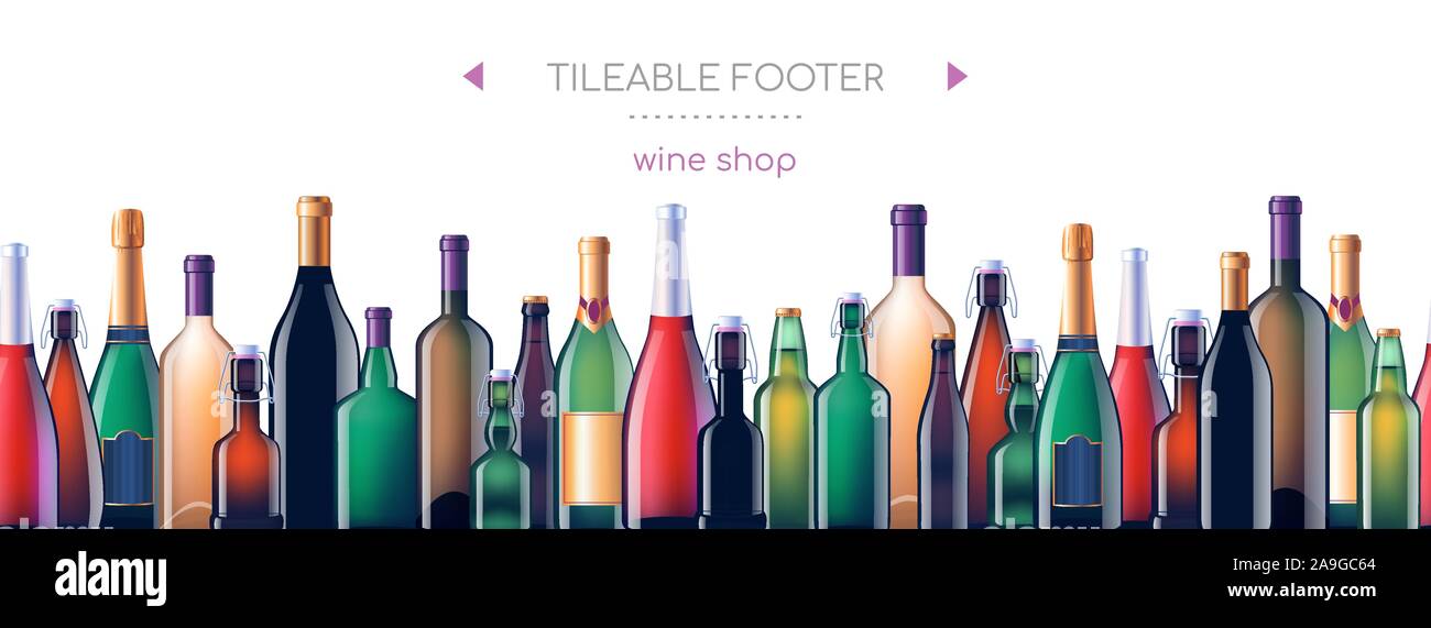 Alkohol Glasflaschen - Vektor realistische nahtlose Web Fußzeile Stock Vektor