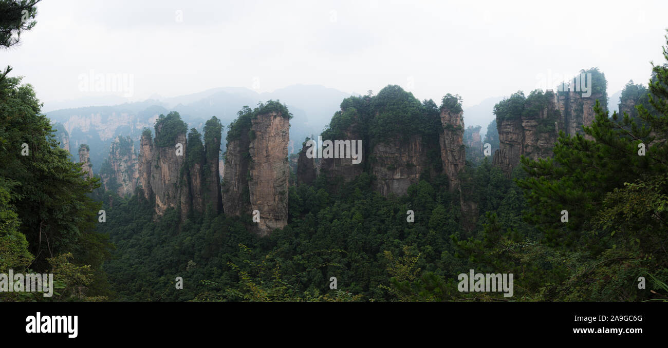Panoramablick auf die malerische Aussicht auf Zhangjiajie Berge im Landschaftspark Wulingyuan gelegen. In der Provinz Hunan in China Stockfoto