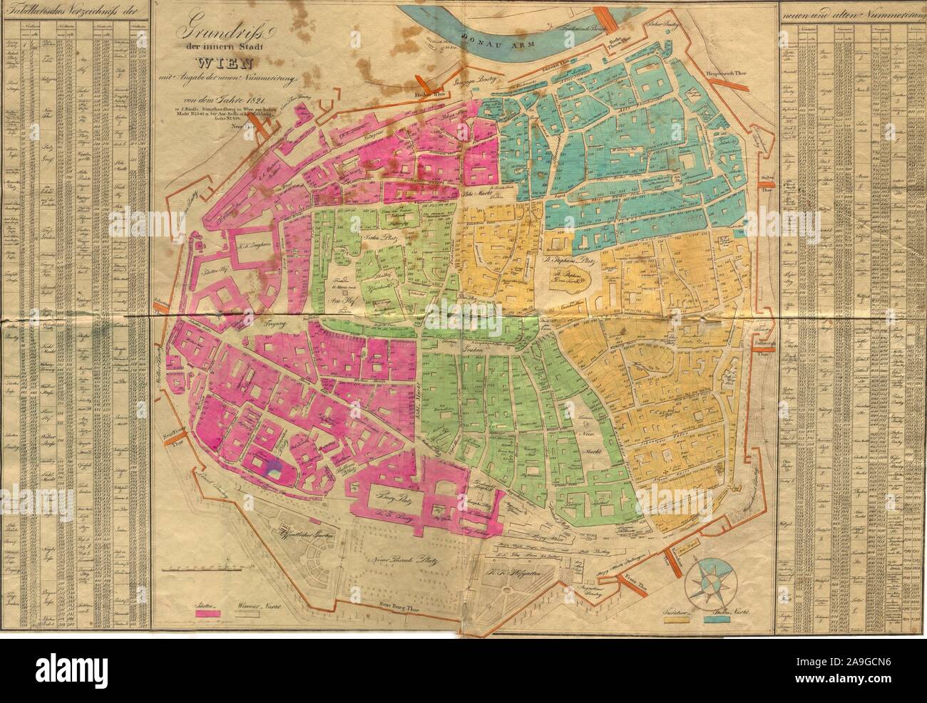 Wien, historischer Stadtplan aus 1821 mit Stadtmauer - Wien, historische Karte vom 1921 Stockfoto