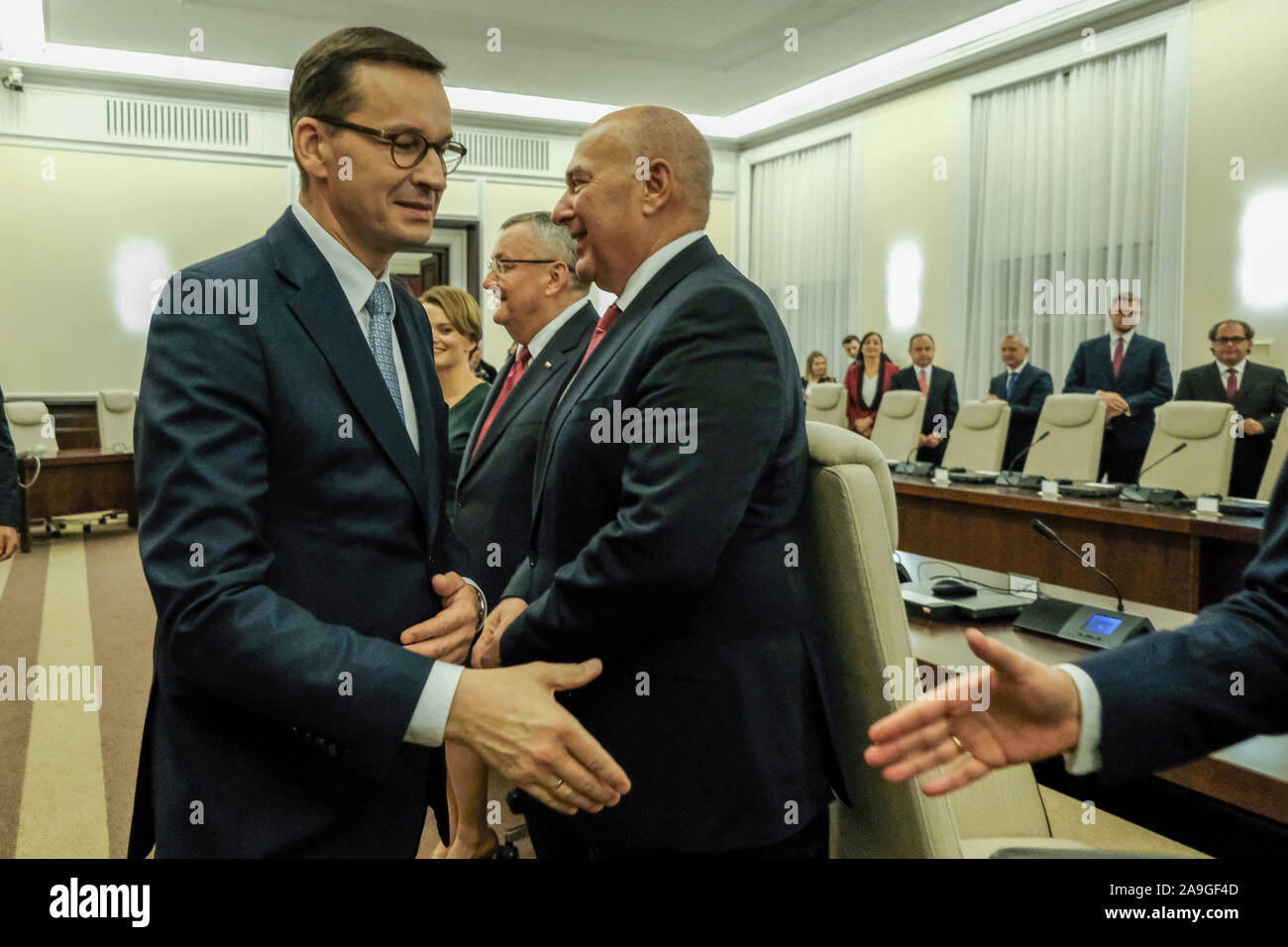 November 15, 2019, Warschau, Polen: November 15, 2019, Warschau, Polen: Das erste Treffen der polnischen Regierung nach den Parlamentswahlen am 13. Oktober 2019.. Auf dem Foto: Mateusz Morawiecki (Credit Bild: © Grzegorz Banaszak/ZUMA Draht) Stockfoto