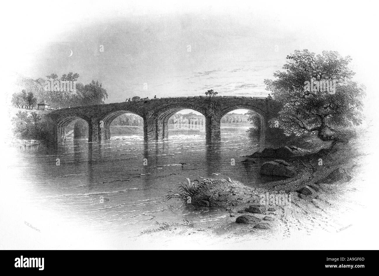 Ein Kupferstich von Bothwell Brücke gescannt und in hoher Auflösung aus einem Buch im Jahre 1859 gedruckt. Glaubten copyright frei. Stockfoto